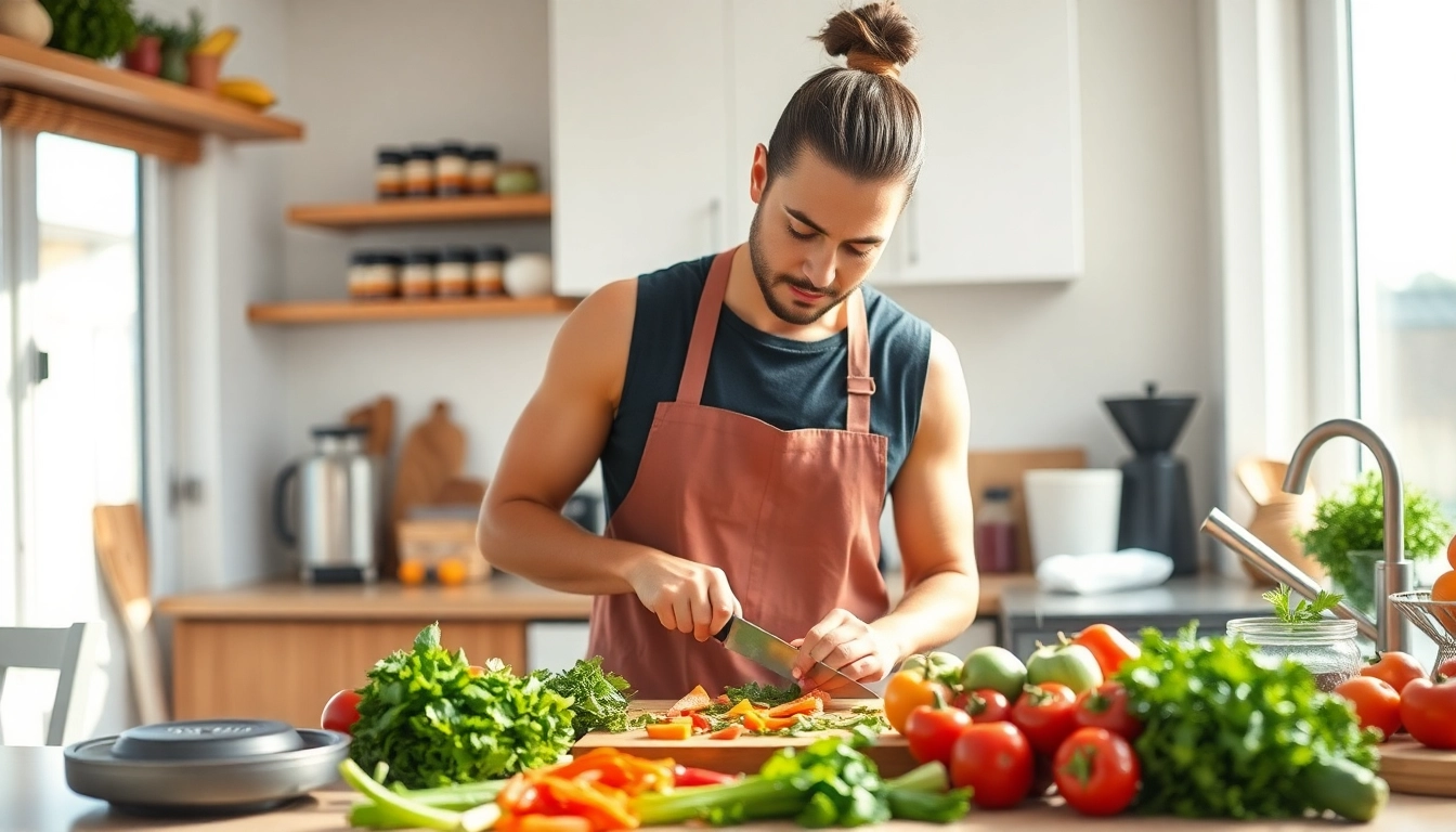 Fitness und Ernährung mit gesunden Lebensmitteln, ein Experte in einer hellen Küche.