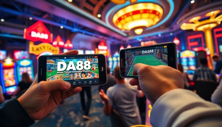 Tải App Da88 interface displayed on mobile devices in a vibrant gaming environment, showcasing popular games and excitement.