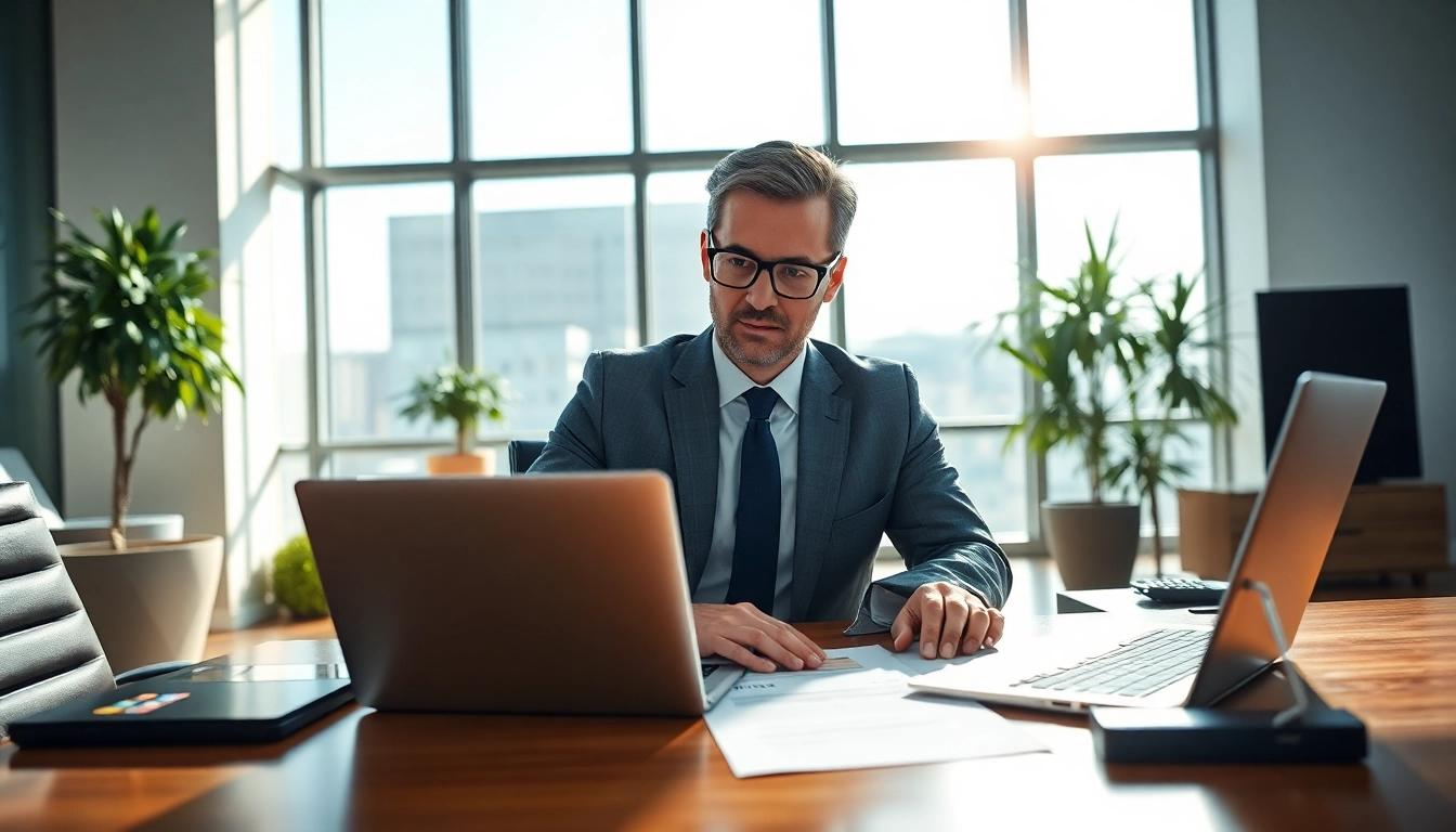 Headhunter reviewing resumes in a bright office setting