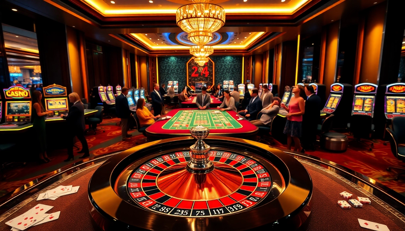 Experience the excitement of winning at 23win's vibrant casino atmosphere with roulette and gaming tables.