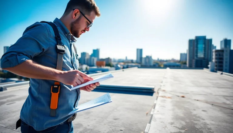 Flachdachsanierung Gutachter analysiert Flachdachzustand auf einem Gebäude.