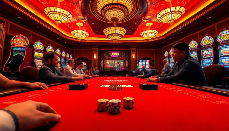 Experience exciting gameplay at U888's luxurious casino table complemented by vibrant slot machines.