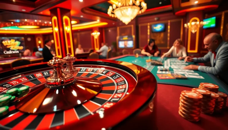 Excited players at a Luckywin casino table enjoying high-stakes games under glamorous lighting.