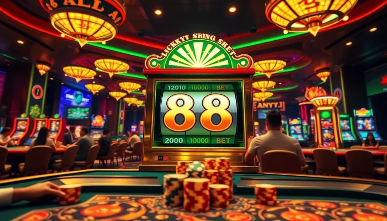 Engaging scene of players enjoying the lucky88 bet at a luxurious casino slot machine.