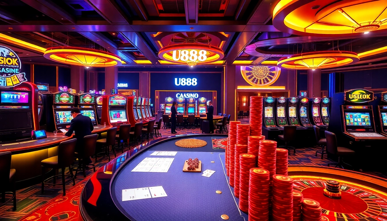 Experience excitement at U888 with vibrant casino tables and colorful slot machines.