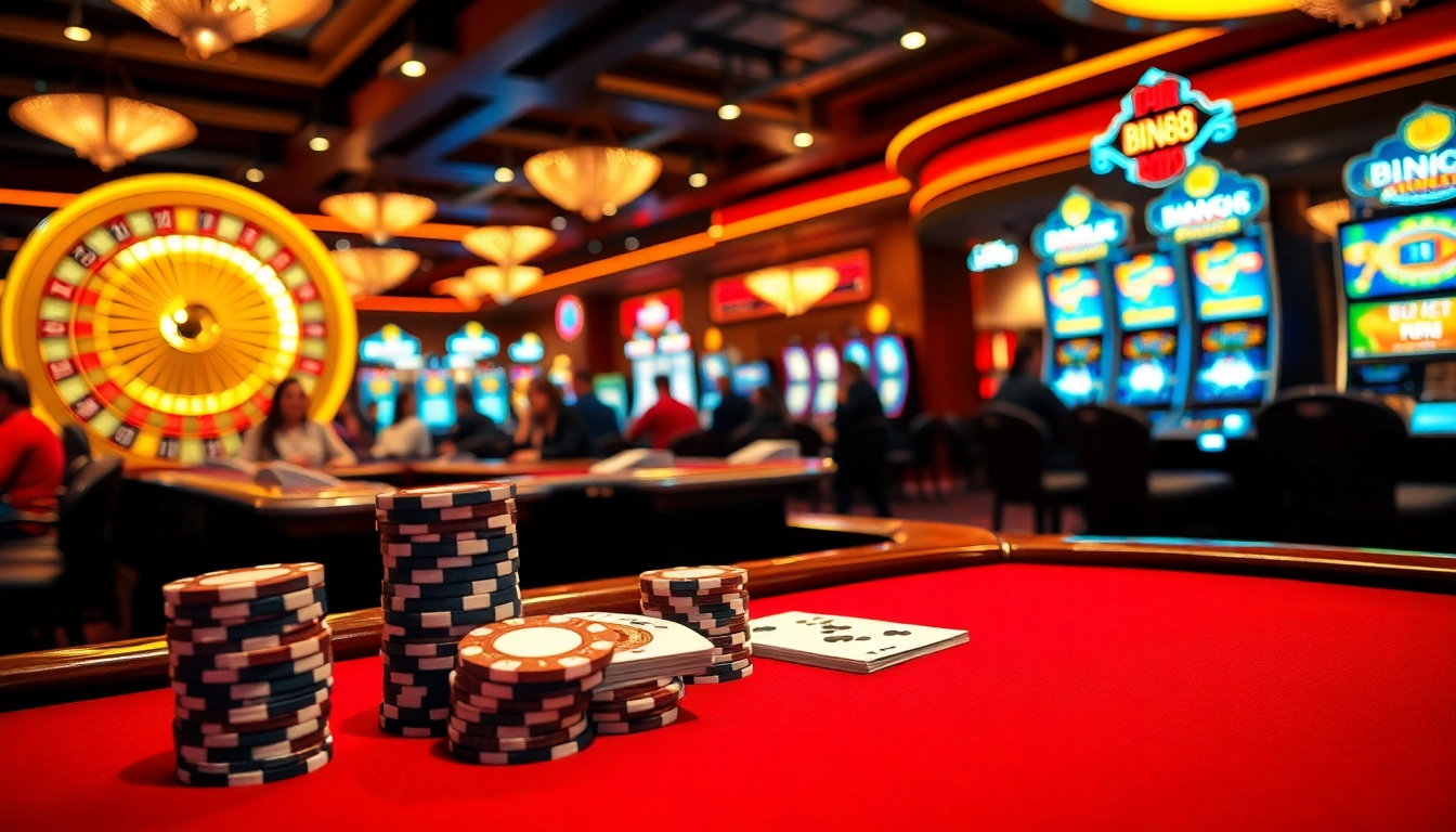 Experience the thrill of BIN88 gaming with a luxurious casino scene filled with poker tables and slot machines.