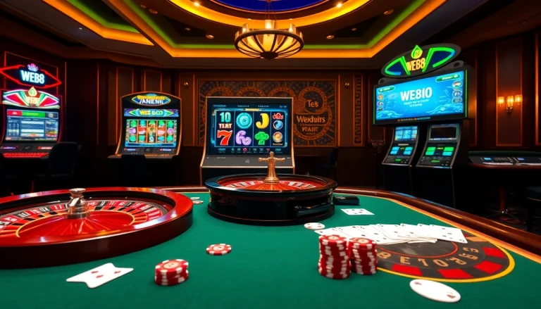 WE88 players engaging with vibrant online slot machines and roulette in a luxurious casino setting.