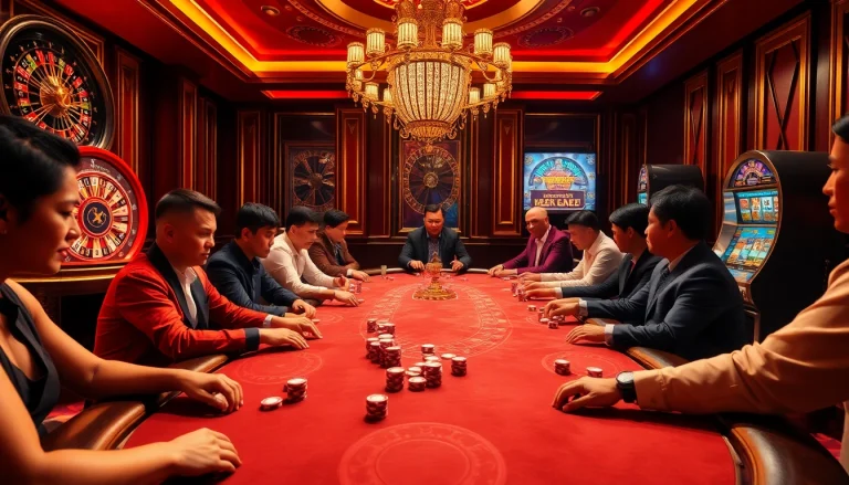 Players enjoying high-stakes poker at Luck88 casino, showcasing excitement and elegance.