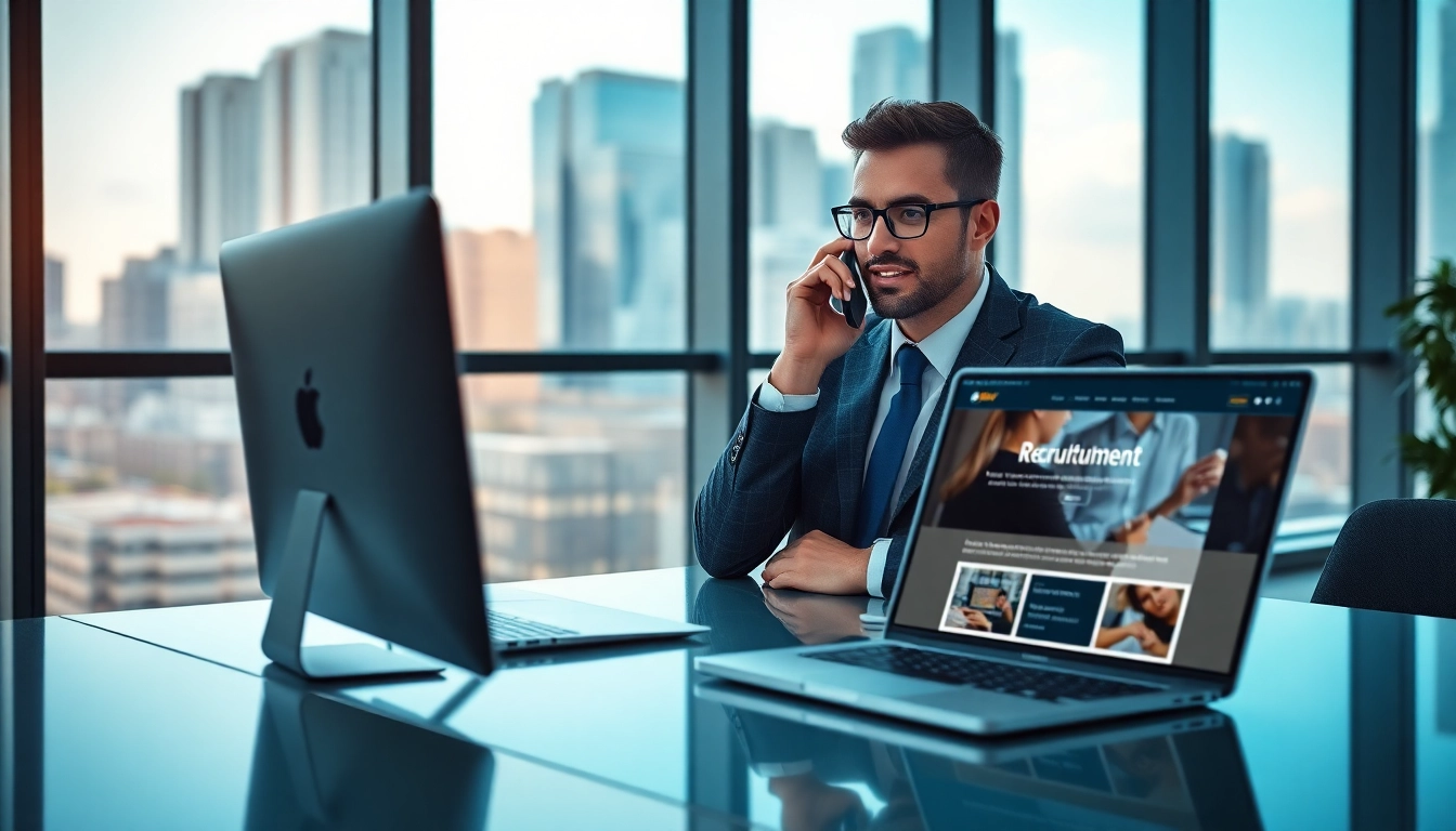 Headhunter Schweiz engagiert in einem Gespräch, professionelles Büro mit moderner Ausstattung.