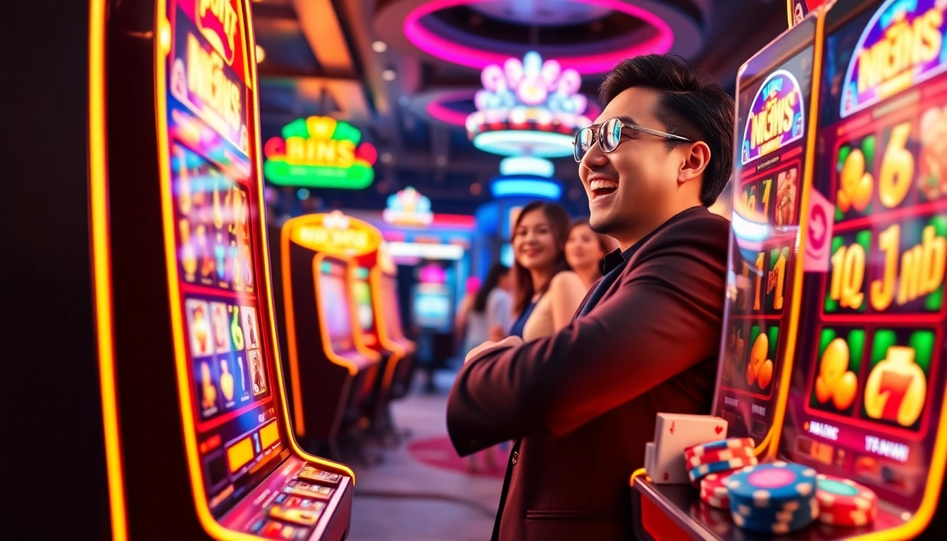 Exciting moment of winning the nổ hũ jackpot amidst vibrant casino ambiance.