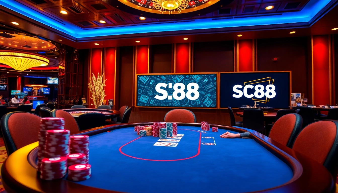Engaging poker players at a casino highlighting Sc88 link amidst vibrant colors and excitement.