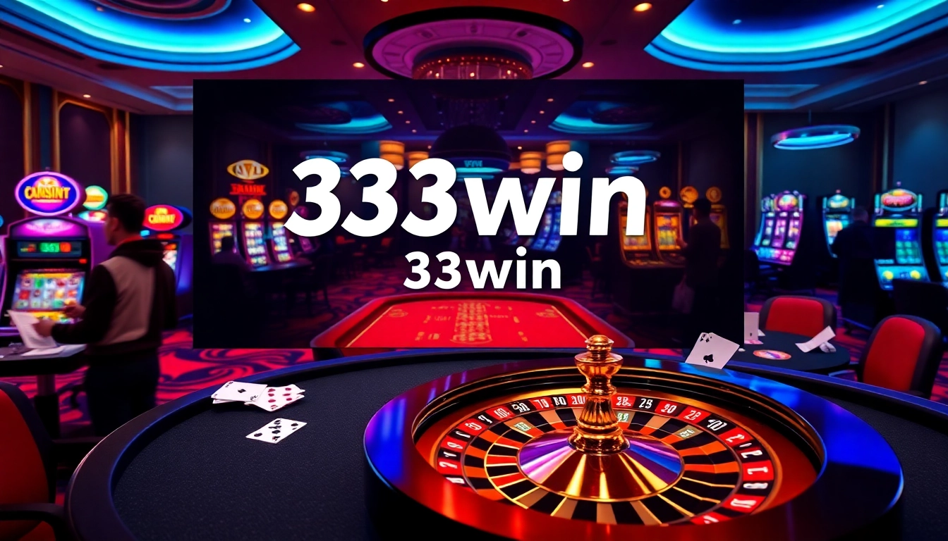 Players engaging at the luxurious 33win online casino featuring vibrant roulette and poker tables.