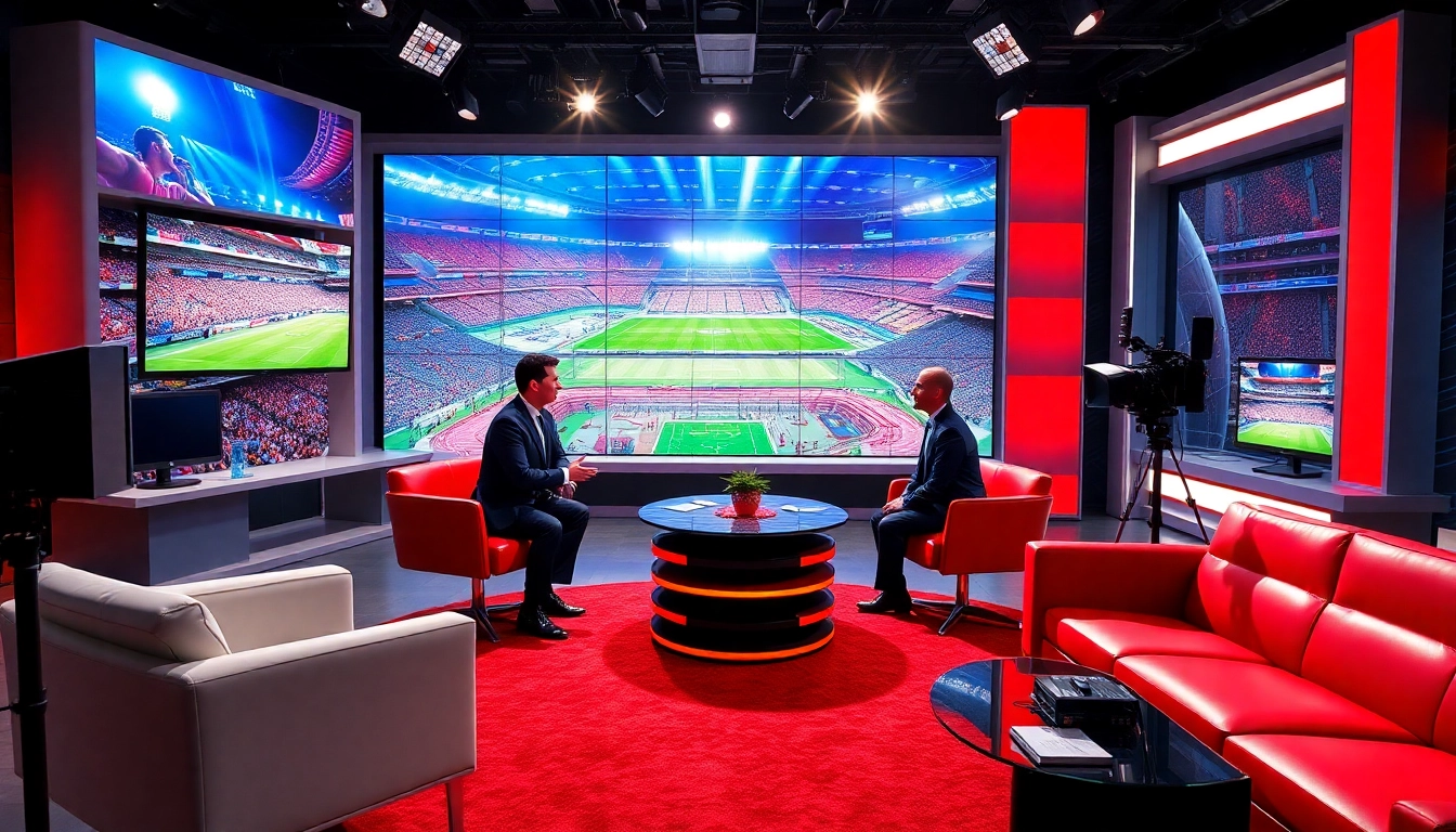 Sports Broadcasting studio with hosts discussing events and vibrant screens in the background.