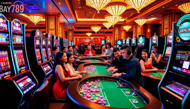 Players enjoying a thrilling game at Bay789 casino, surrounded by vibrant slot machines and poker tables.