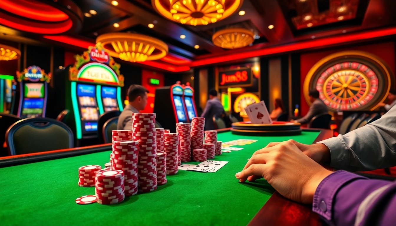 Experience high-stakes gaming at Jun88 with a lively poker table featuring stacked chips and cards.