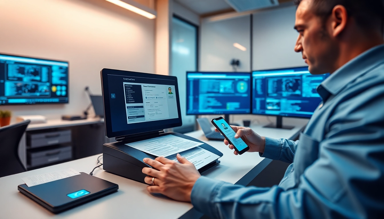 Digitale Führerscheinkontrolle, die eine effiziente Führerscheinkontrolle mit Duplex-Scanner in einem professionellen Büro zeigt.