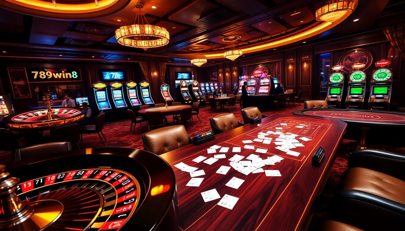 Experience the excitement of live gambling at 789win8 casino with poker tables and vibrant slot machines.