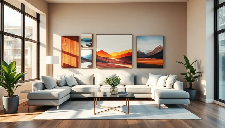 Lebendige Leinwandbilder, die in einem modernen Wohnzimmer ausgestellt sind und die Wohnkultur aufwerten.