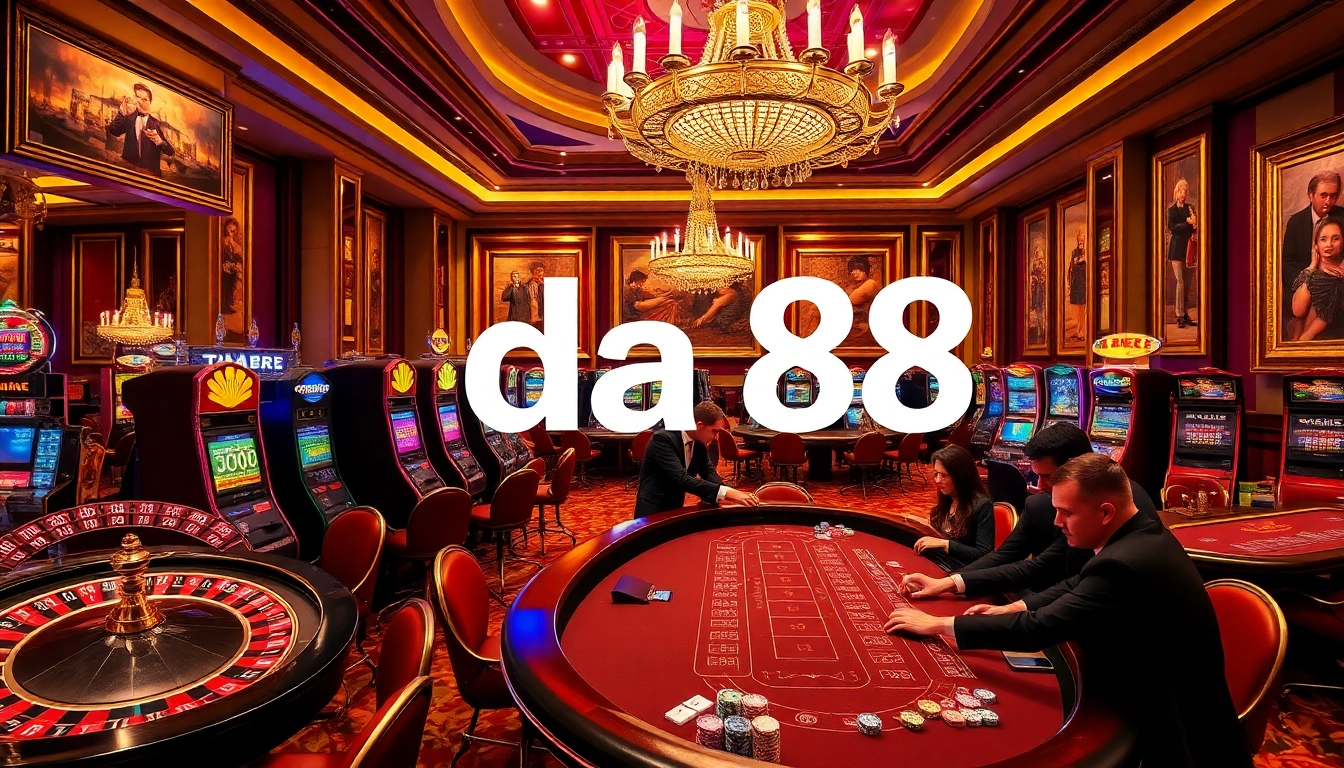 Exciting casino scene featuring players at a blackjack table with da88 poker chips.