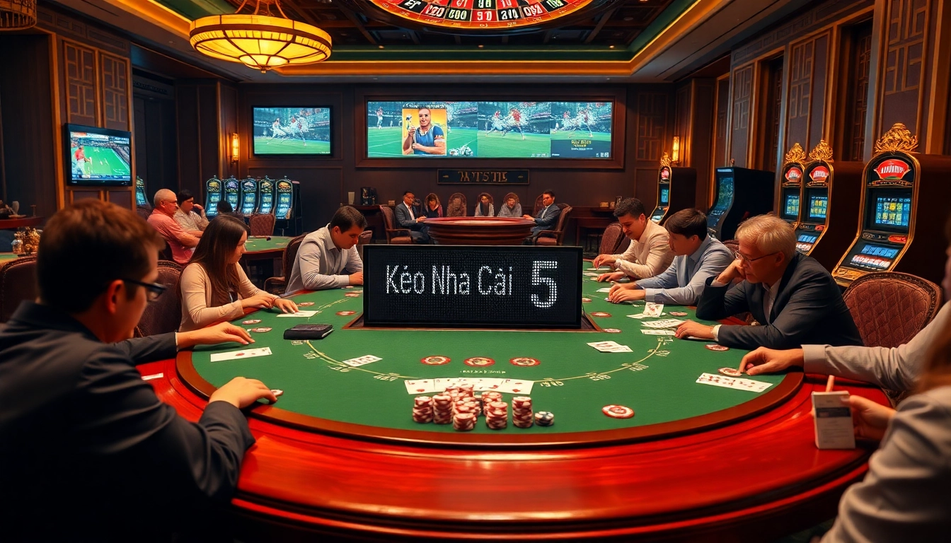 Kèo nhà cái 5 highlighted at an elegant casino table with players engaged in betting.