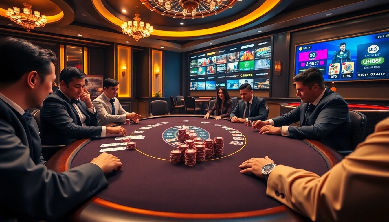 Players enjoying a high-stakes game at a qh88 poker table in a luxury casino setting.