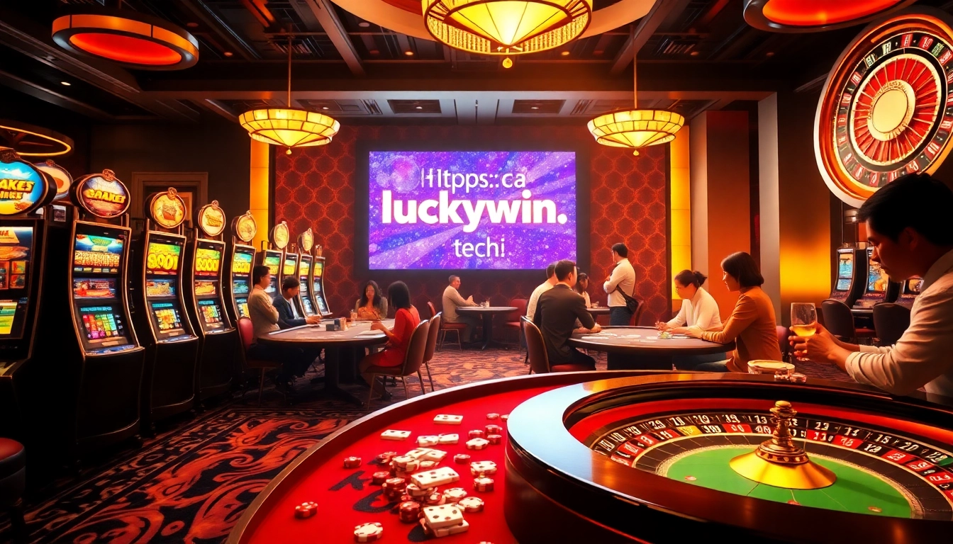 Experience thrilling gaming at https://luckywin.tech/ with illuminated casino tables and vibrant slot machines.