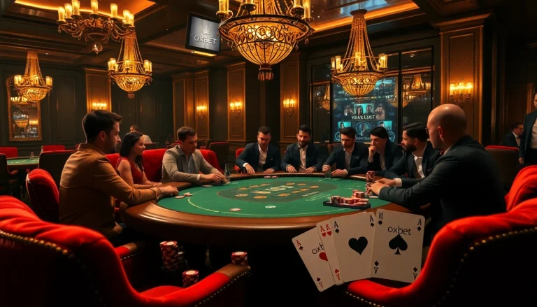 Players enjoying a thrilling poker game at an oxbet casino table with shining chips.