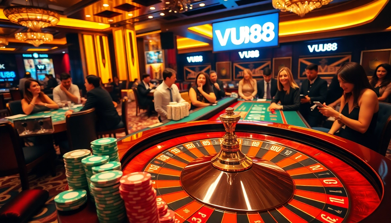 Engaging players at a VU88 gaming table featuring lively poker action and vibrant casino chips.
