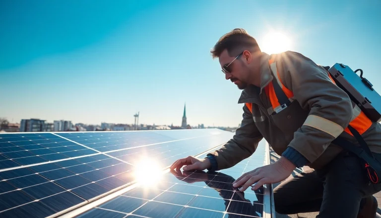 Solar Wien: Techniker installiert Solarpanels auf einem Dach in Wien.