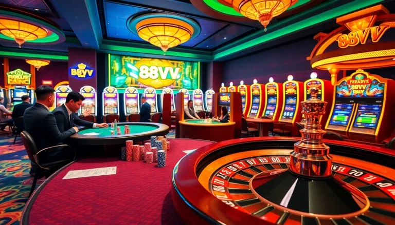 Experience thrilling gambling with 88vv.marketing's vibrant casino atmosphere, including poker tables and slot machines.