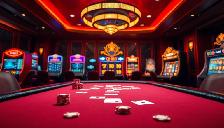 Experience the thrill of QH88 with vibrant casino elements like cards and poker chips.