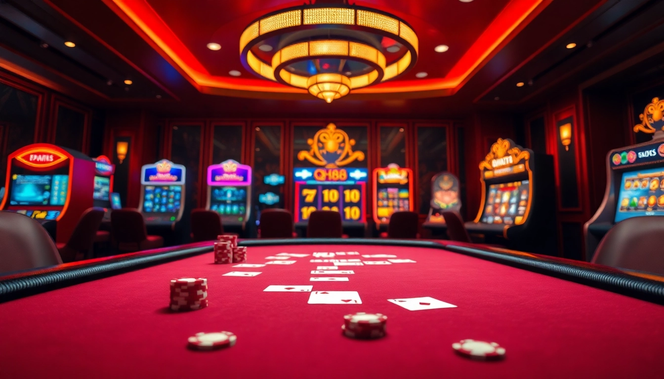 Experience the thrill of QH88 with vibrant casino elements like cards and poker chips.