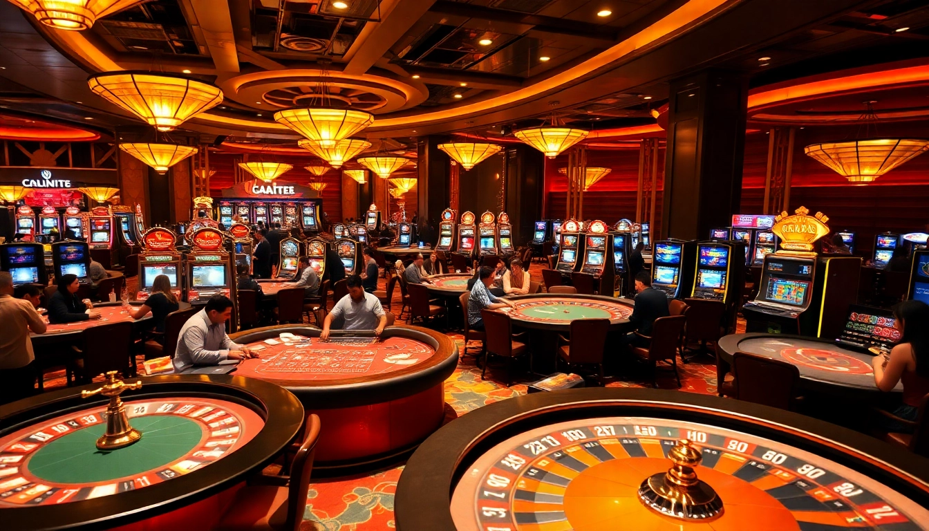 Exciting casino gaming atmosphere at https://uu88.gl/ with players at poker tables and vibrant slot machines.