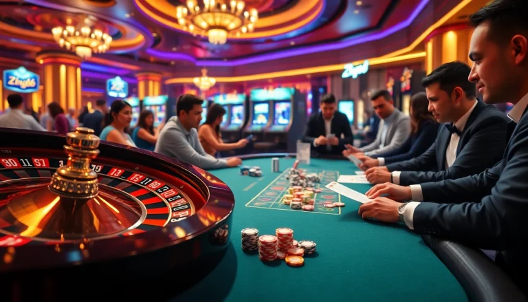 Zing88 players enjoying a thrilling moment at a vibrant casino table with poker chips.