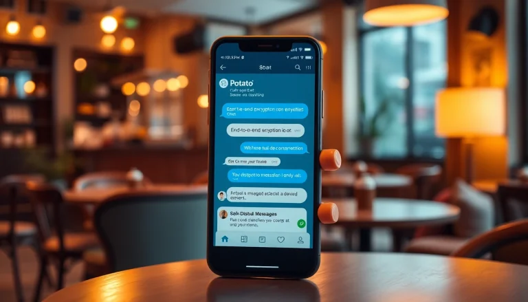 Potato下载 on a smartphone showcasing secure messaging features in a cozy café setting.