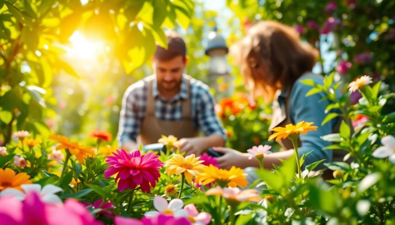 Gartenbau bei der Pflege eines blühenden, bunten Gartens mit vielen Pflanzen.