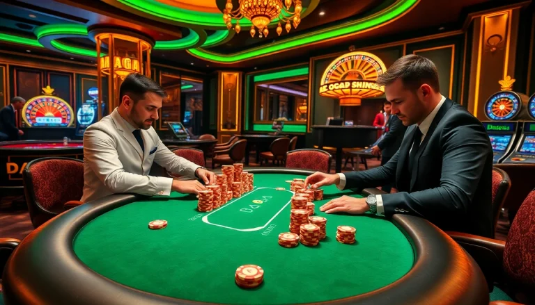 DAGA poker players engaging in a high-stakes game with vibrant casino elements.