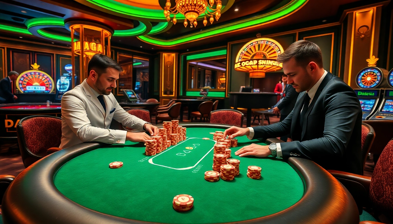 DAGA poker players engaging in a high-stakes game with vibrant casino elements.
