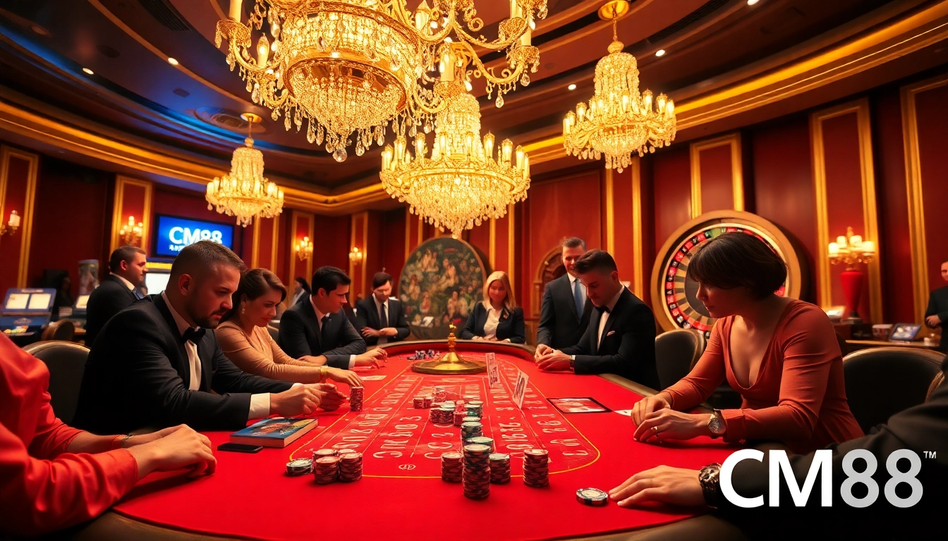 Engage in high-stakes gambling at a luxurious casino featuring CM88 poker tables and roulette wheels.