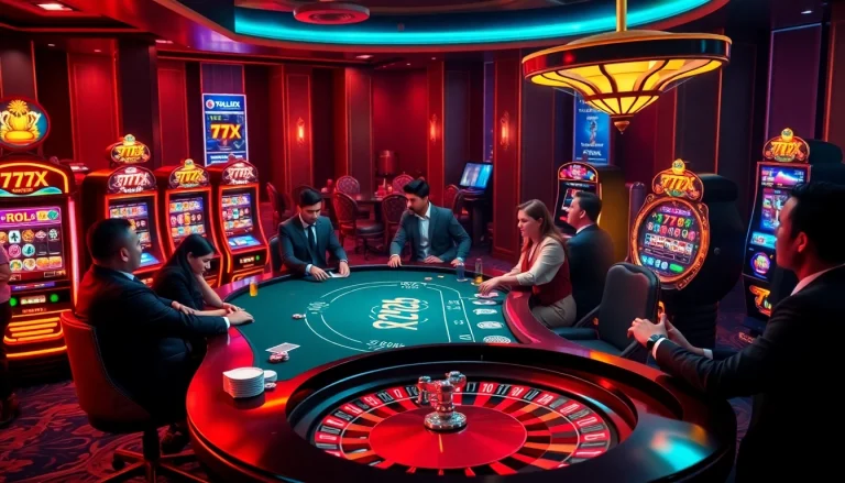 Experience the thrill of online gambling with 777X, where players engage with vibrant slot machines and lively poker games.