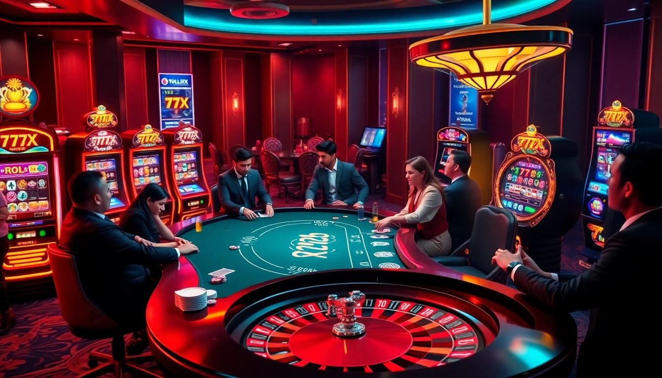 Experience the thrill of online gambling with 777X, where players engage with vibrant slot machines and lively poker games.