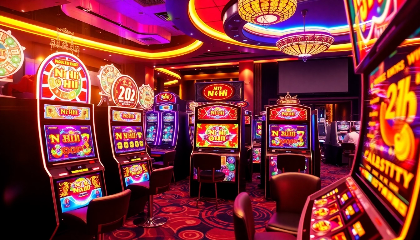 Experience the thrill of Nổ Hũ with colorful slot machines and vibrant casino ambiance.