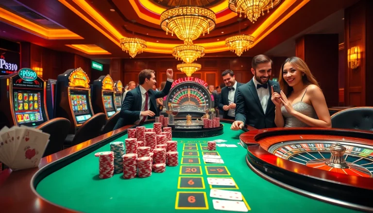 Action-packed casino scene showcasing PS99 with poker chips, vibrant slot machines, and a roulette wheel.