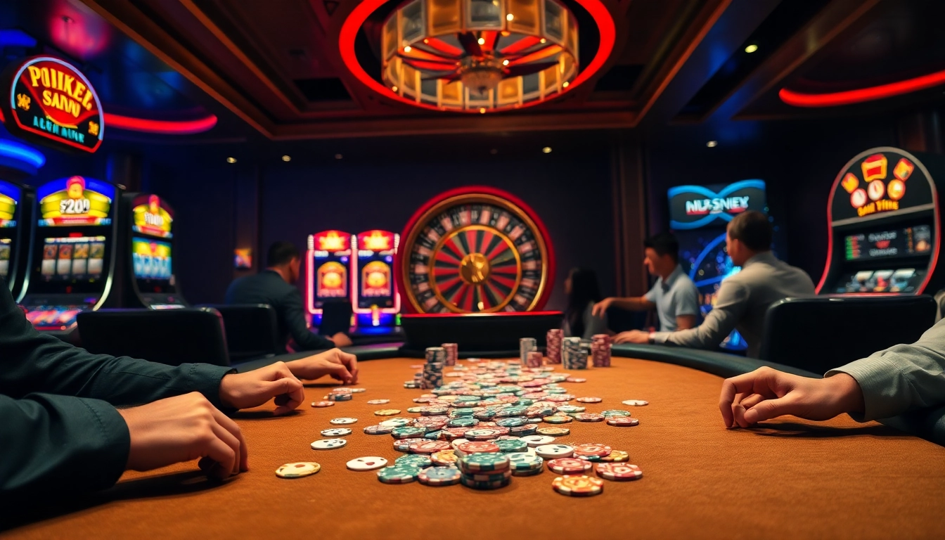 Engaging scene featuring high-stakes poker action and vibrant slot machines linked to hidden wiki links.