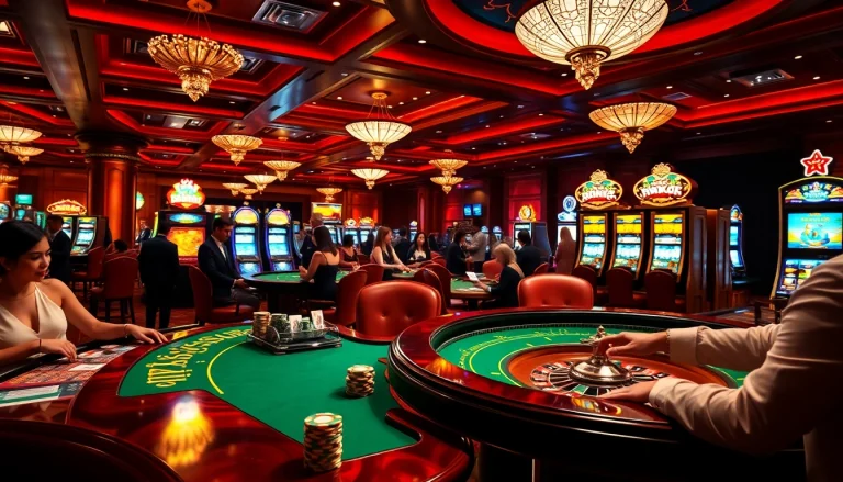 Experience the excitement of winning at https://f8bet11.net/ with a luxurious casino scene showcasing vibrant gaming tables and thrilled players.