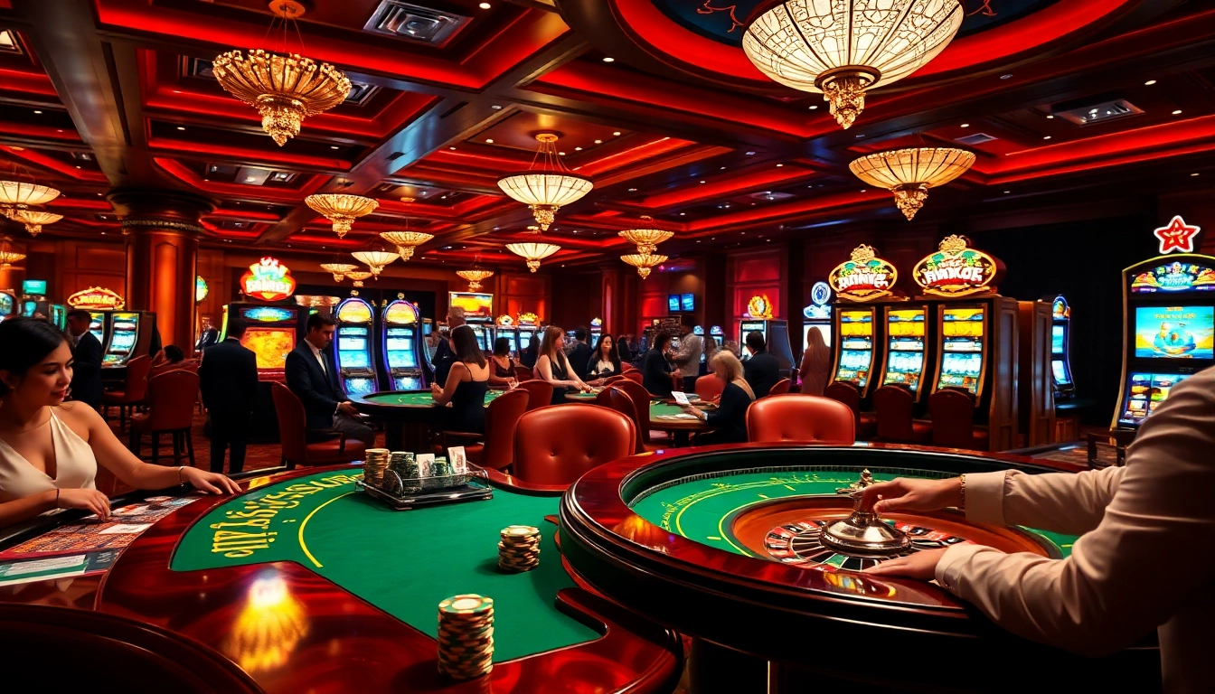 Experience the excitement of winning at https://f8bet11.net/ with a luxurious casino scene showcasing vibrant gaming tables and thrilled players.