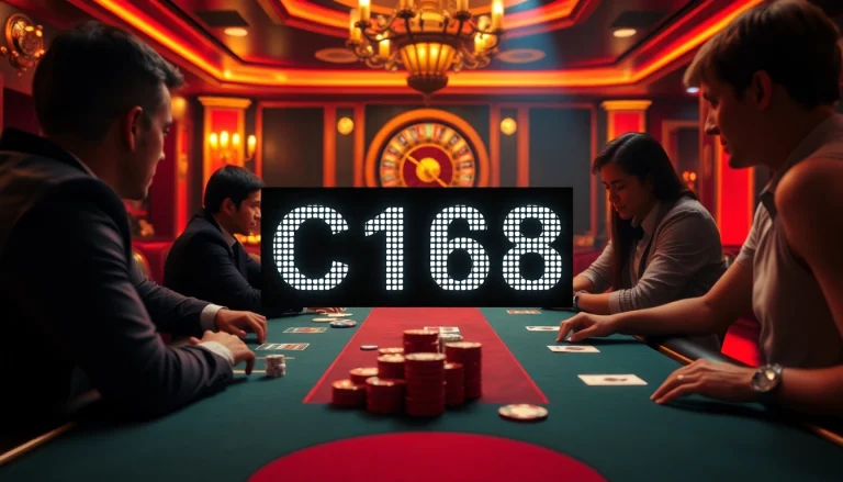 C168 poker table scene with engaged players in a high-stakes environment