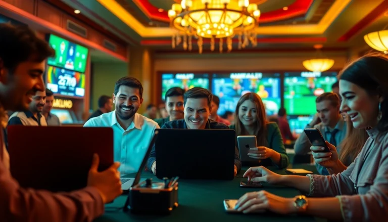 Exciting scene showcasing diverse individuals enjoying betting activities at bet789, featuring a lively casino atmosphere.