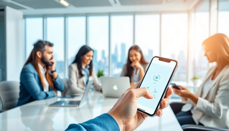 在现代办公室的智能手机上展示的快连官网界面，象征专业网络与连接性。