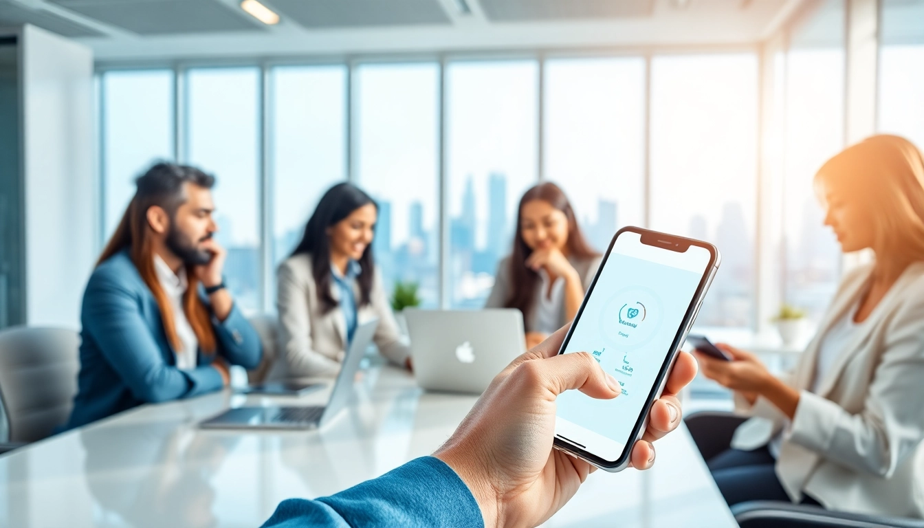 在现代办公室的智能手机上展示的快连官网界面，象征专业网络与连接性。